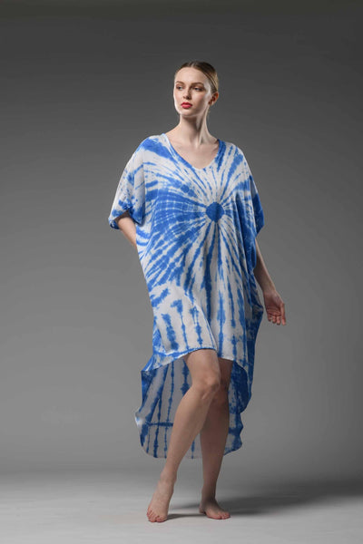 Asymmetric short sleeve indigo blue tie dye kaftan dress