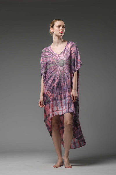 Asymmetric short sleeve pink tie dye kaftan dress