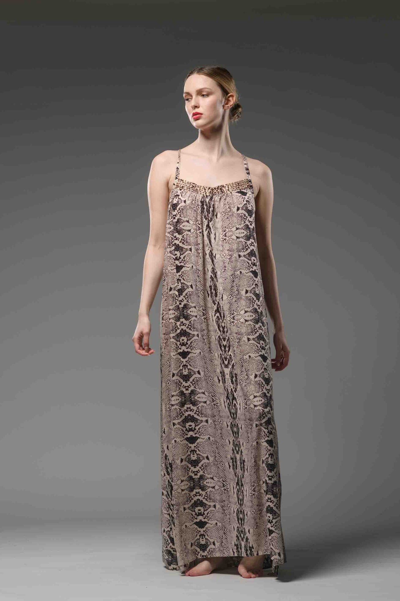 Backless python print spaghetti cross in back spaghetti straps A-line long dress with embroidered brass beaded neck line