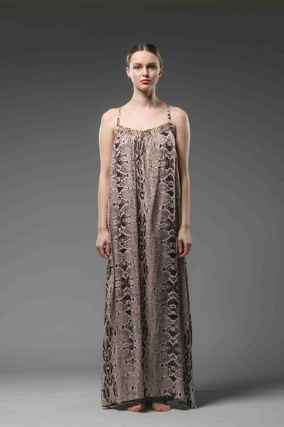 Backless python print spaghetti cross in back spaghetti straps A-line long dress with embroidered brass beaded neck line