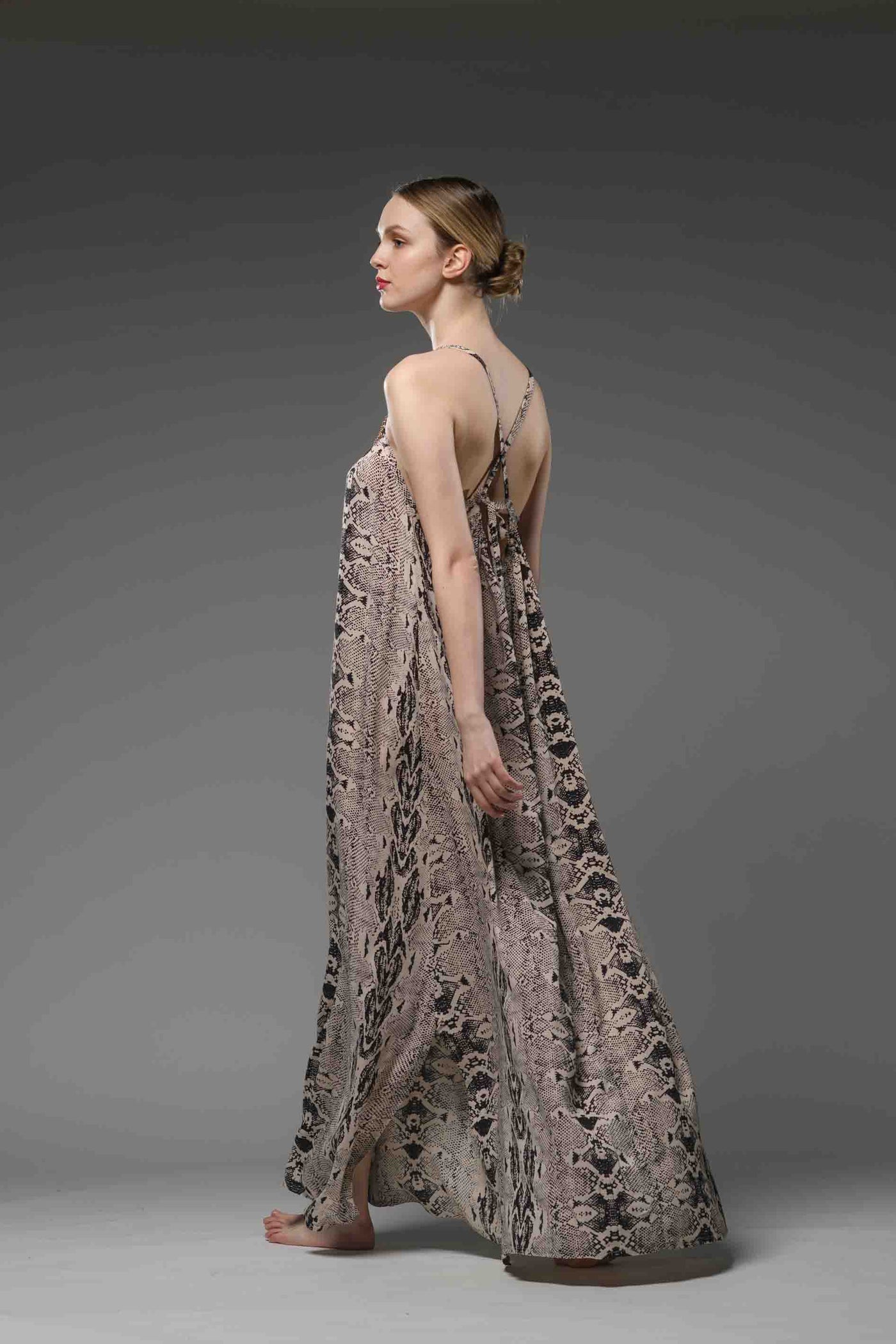 Backless python print spaghetti cross in back spaghetti straps A-line long dress with embroidered brass beaded neck line