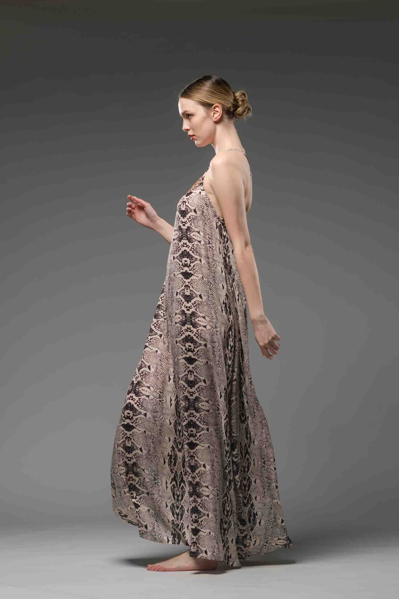 Backless python print spaghetti cross in back spaghetti straps A-line long dress with embroidered brass beaded neck line