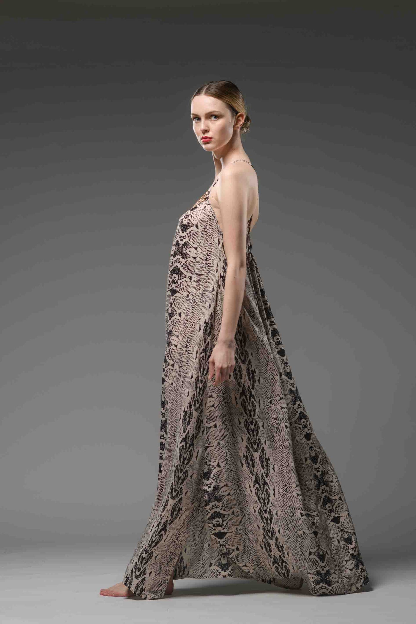 Backless python print spaghetti cross in back spaghetti straps A-line long dress with embroidered brass beaded neck line