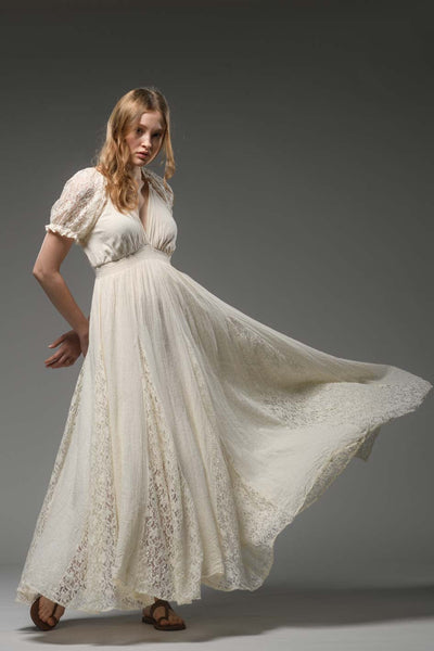Beige cotton bohemian lace detail short sleeve maxi dress 