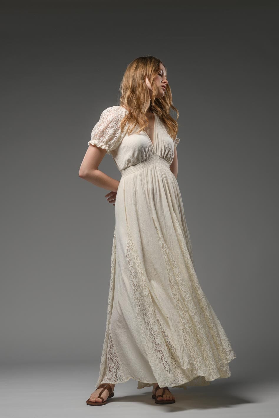 Beige cotton bohemian lace detail short sleeve maxi dress 