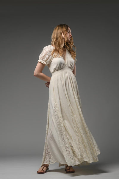 Beige cotton bohemian lace detail short sleeve maxi dress 