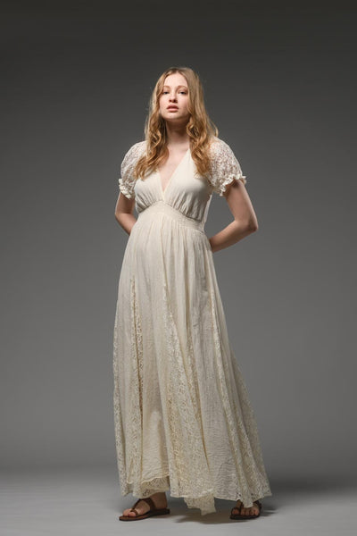 Beige cotton bohemian lace detail short sleeve maxi dress 