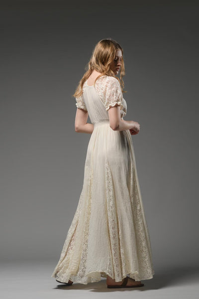Beige cotton bohemian lace detail short sleeve maxi dress 