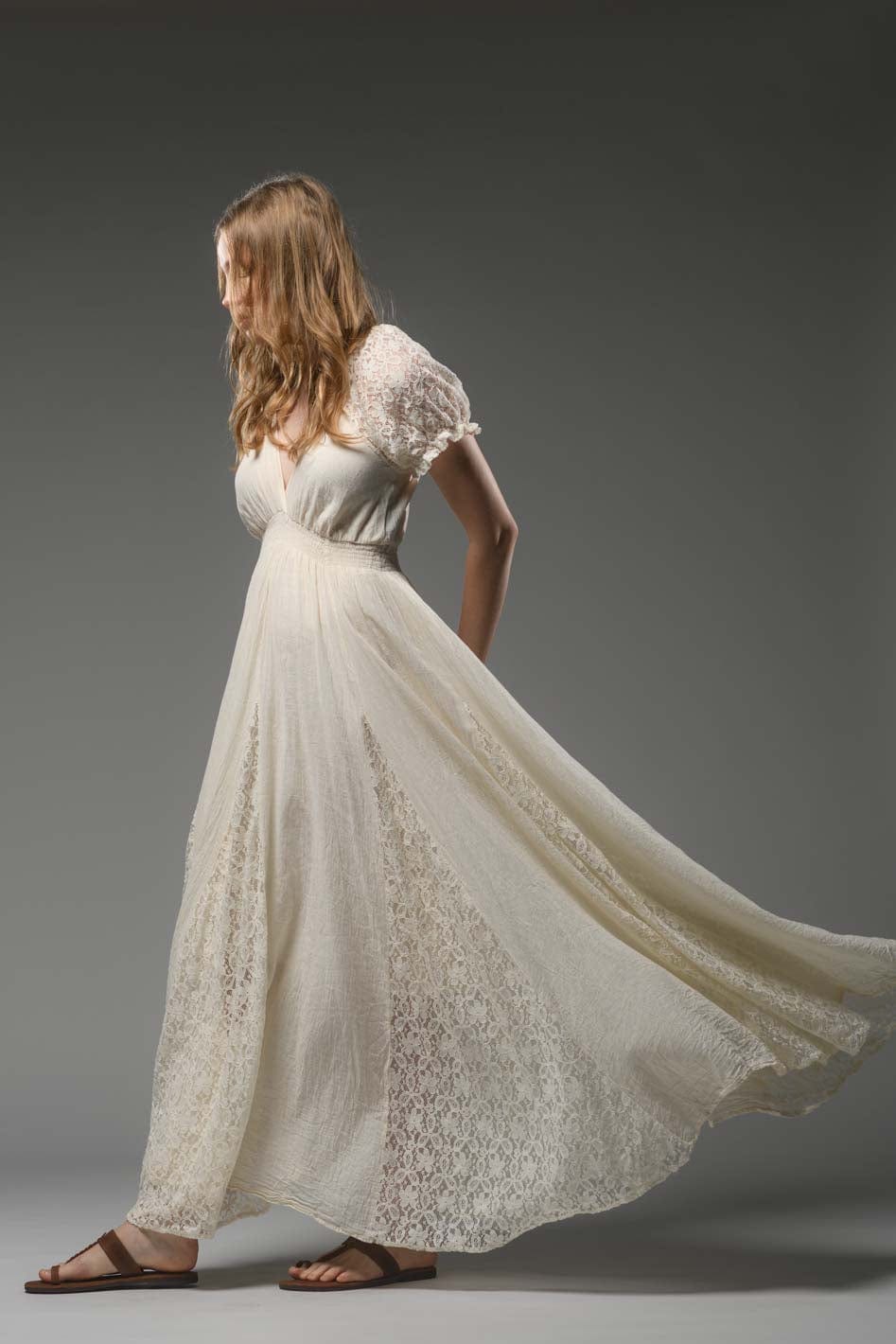 Beige cotton bohemian lace detail short sleeve maxi dress 