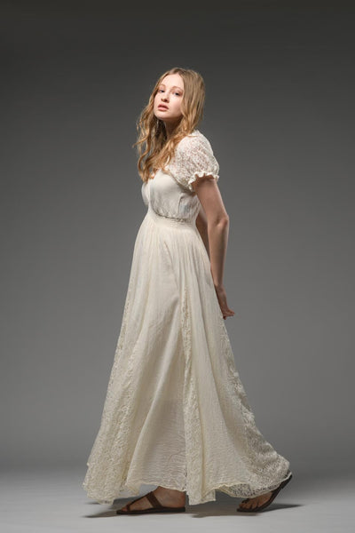 Beige cotton bohemian lace detail short sleeve maxi dress 