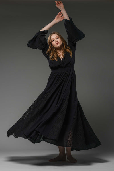 Black cotton boho chic romantic bell sleeve long dress