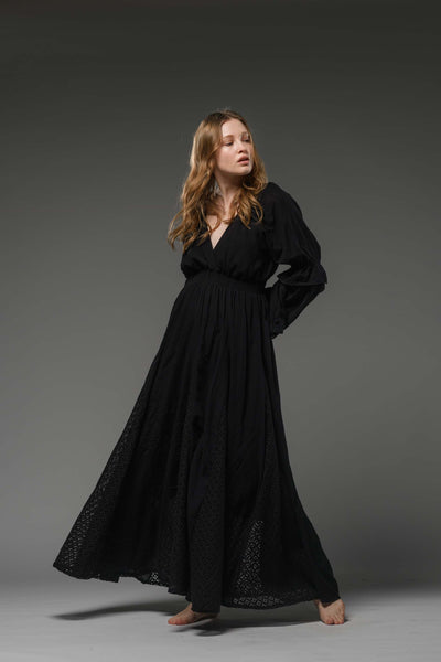 Black cotton boho chic romantic bell sleeve long dress