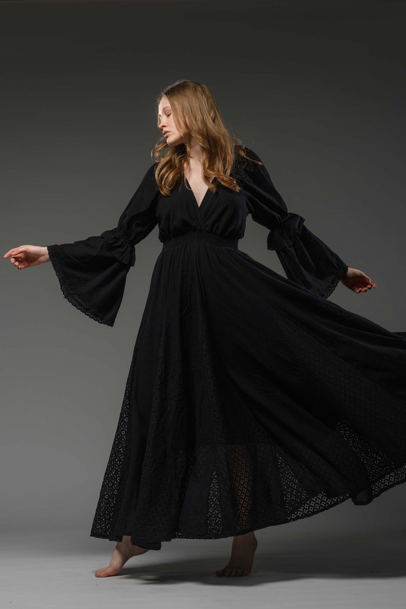 Black cotton boho chic romantic bell sleeve long dress