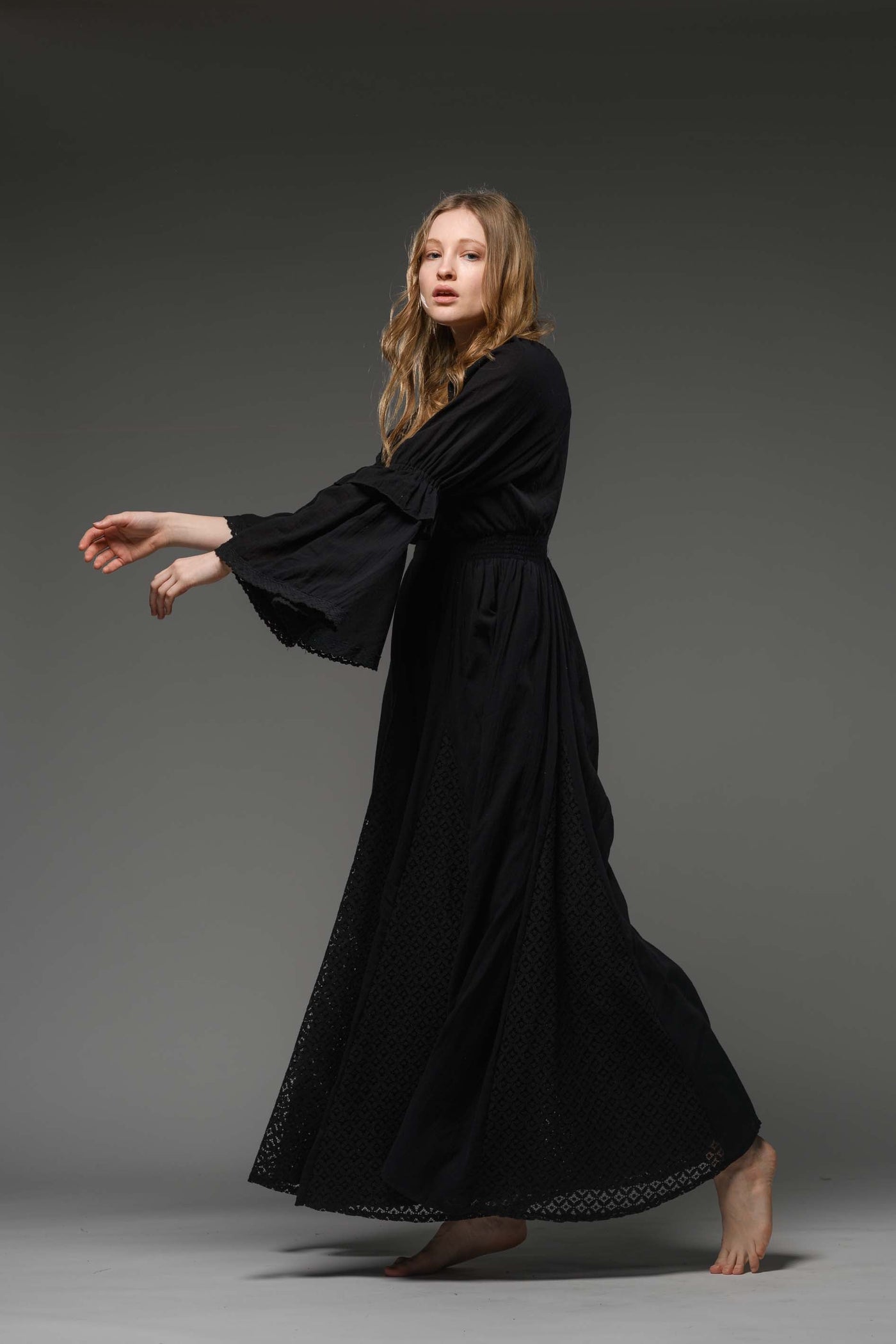 Black cotton boho chic romantic bell sleeve long dress