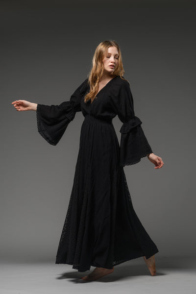 Black cotton boho chic romantic bell sleeve long dress