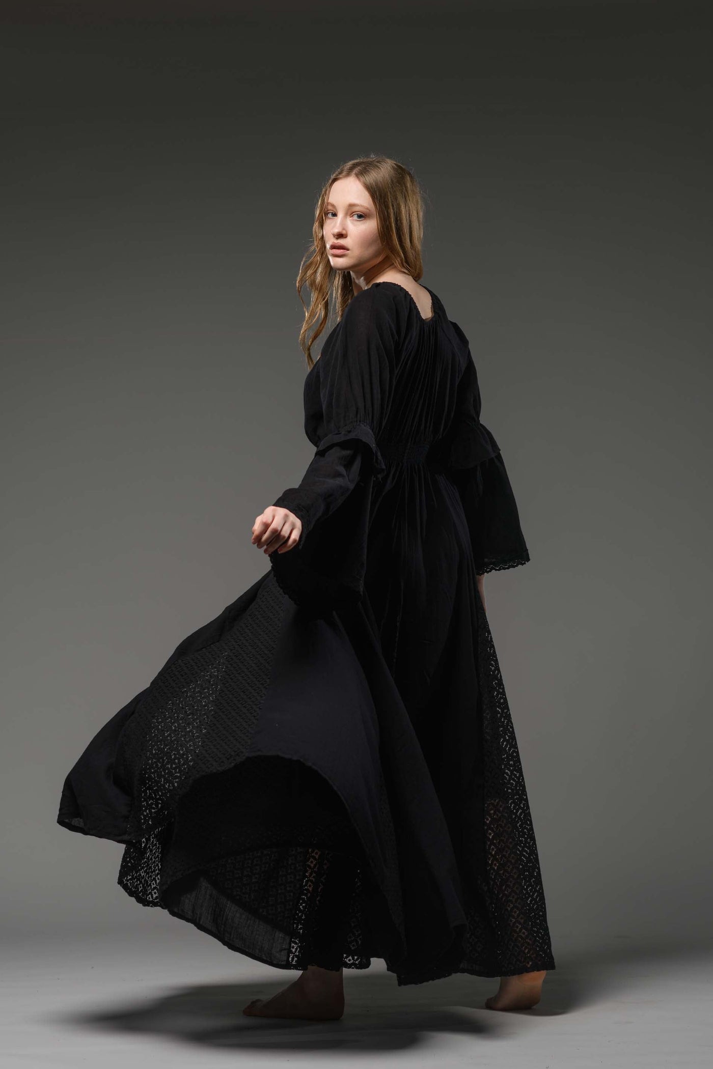 Black cotton boho chic romantic bell sleeve long dress