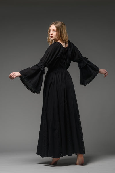 Black cotton boho chic romantic bell sleeve long dress