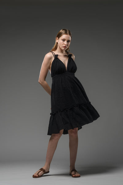 Black cotton boho spaghetti strap dress