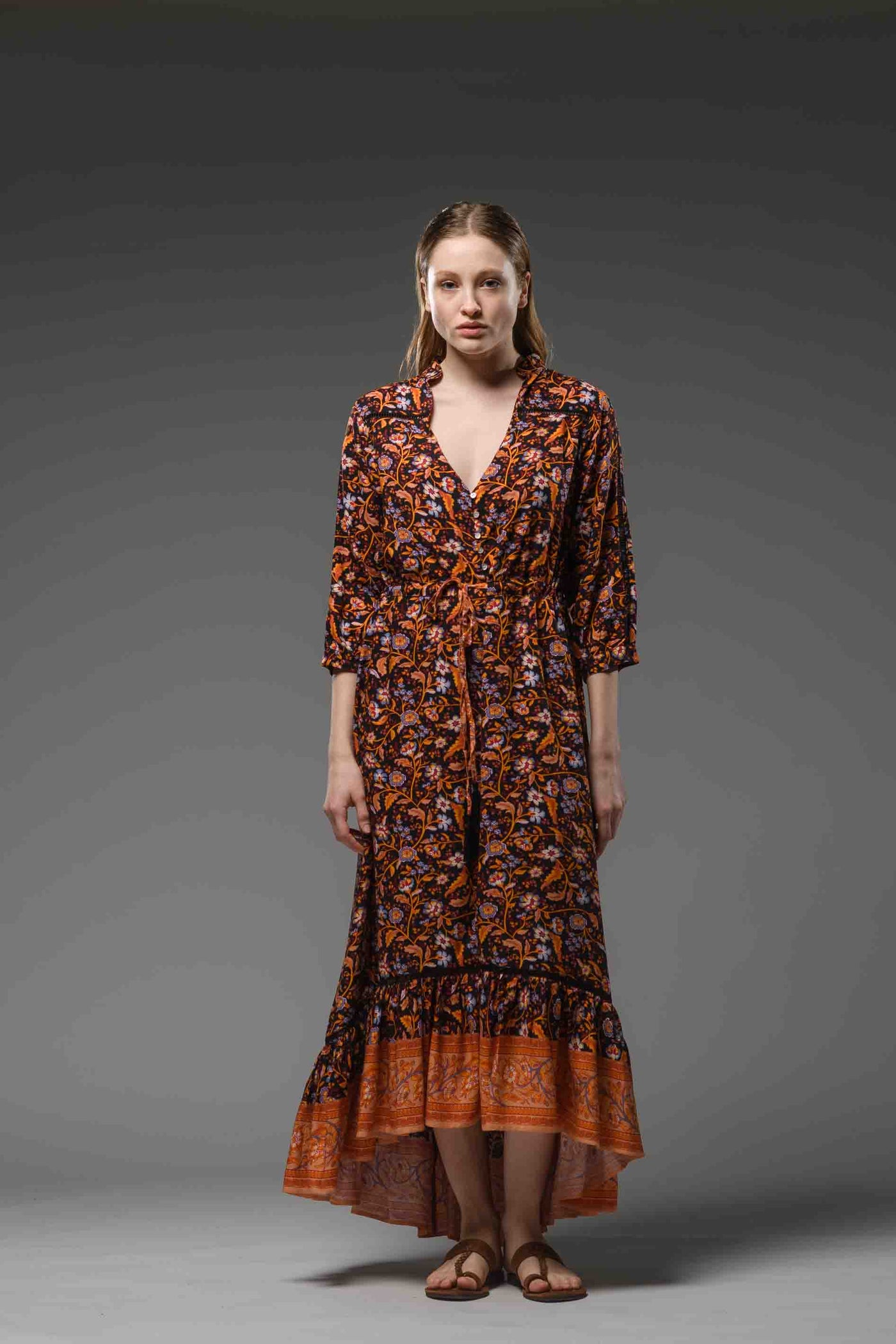 Black orange floral border print asymmetric ruffled V-neckline self tie waist bohemian chic long dress