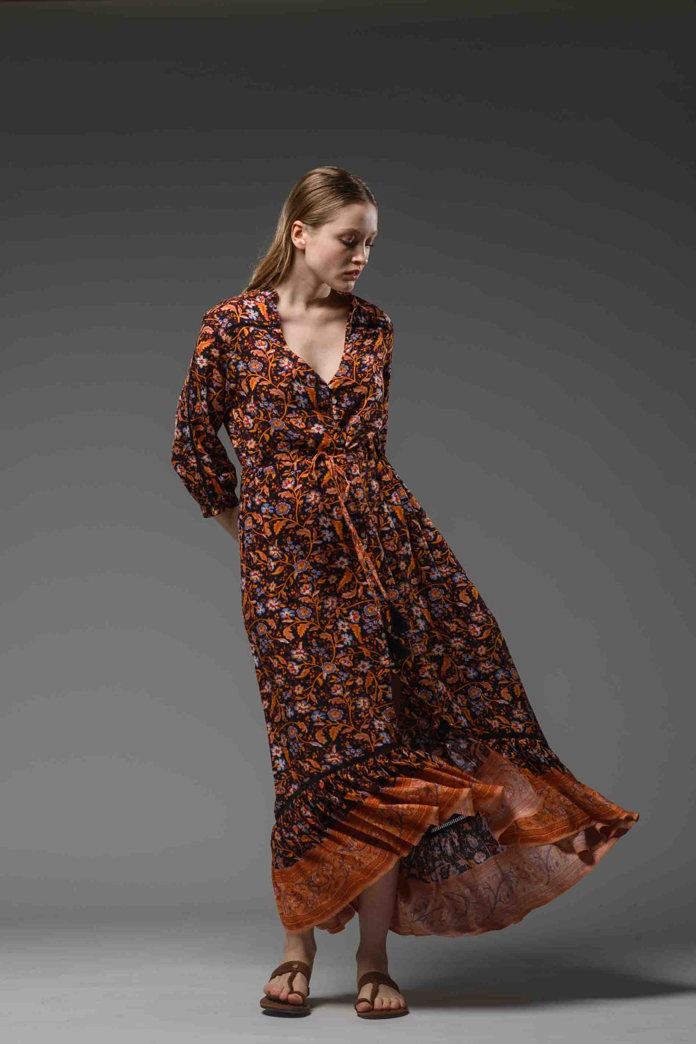 Black orange floral border print asymmetric ruffled V-neckline self tie waist bohemian chic long dress