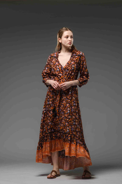 Black orange floral border print asymmetric ruffled V-neckline self tie waist bohemian chic long dress