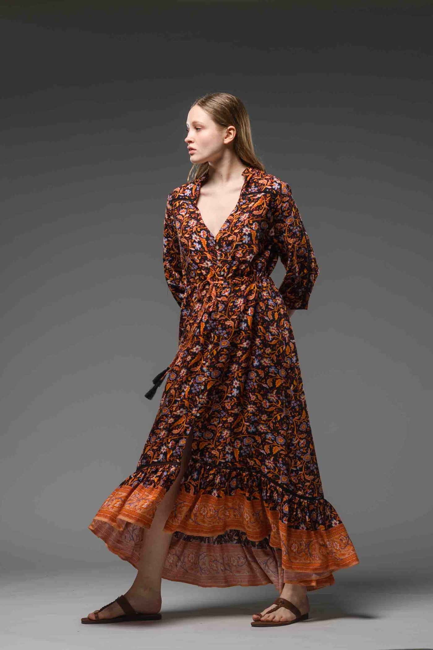 Black orange floral border print asymmetric ruffled V-neckline self tie waist bohemian chic long dress