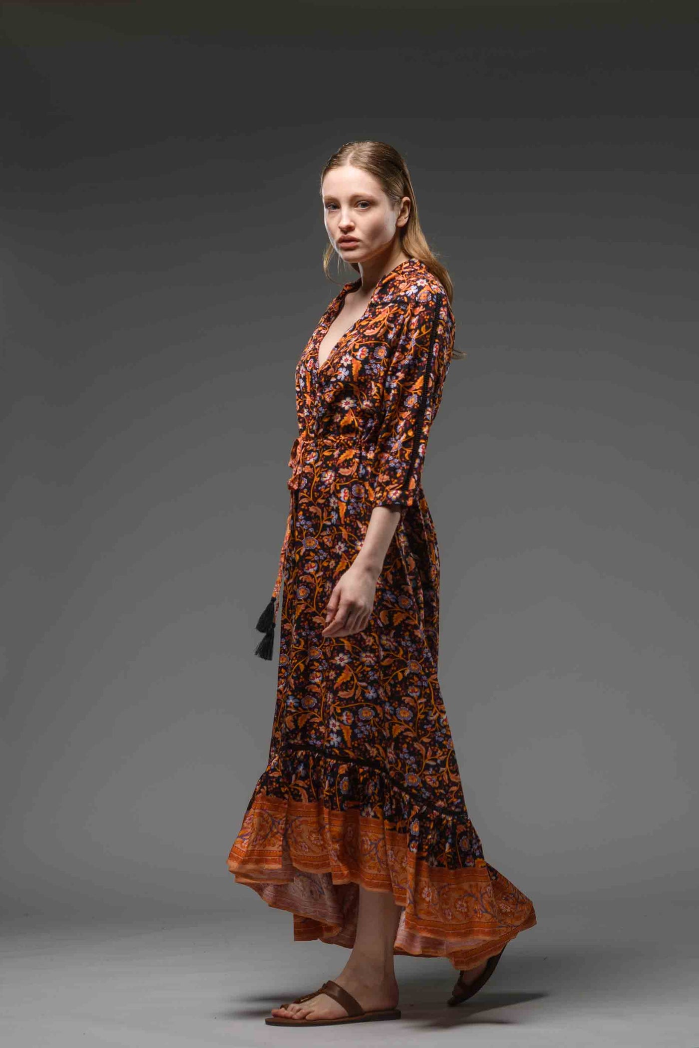 Black orange floral border print asymmetric ruffled V-neckline self tie waist bohemian chic long dress