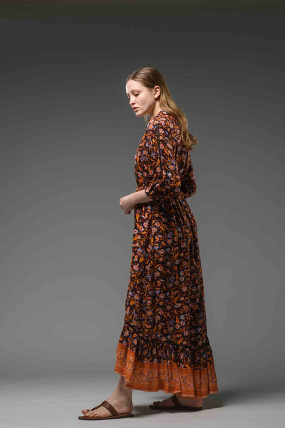 Black orange floral border print asymmetric ruffled V-neckline self tie waist bohemian chic long dress