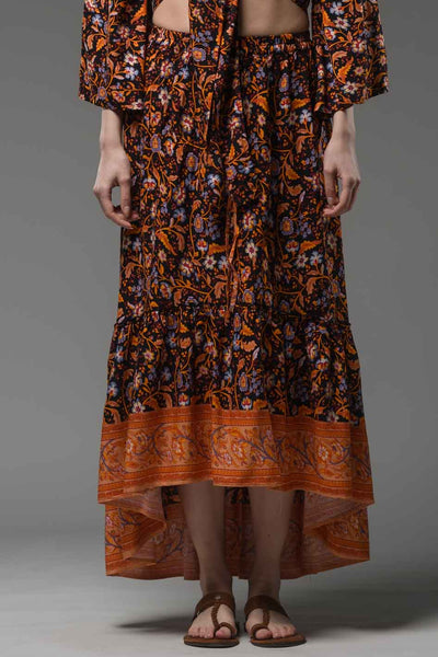 Bohemian orange flower border black print hi low hem elastic waist ruffled gypsy fashion long skirt