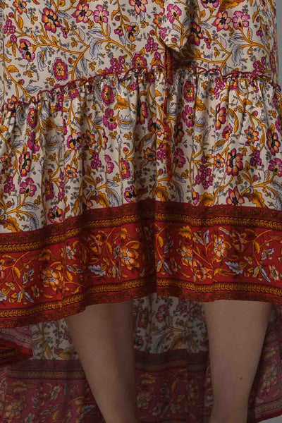 Bohemian beige border print hi low hem elastic waist ruffled gypsy fashion long skirt