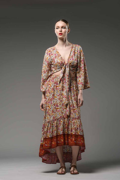 Bohemian beige border print hi low hem elastic waist ruffled gypsy fashion long skirt