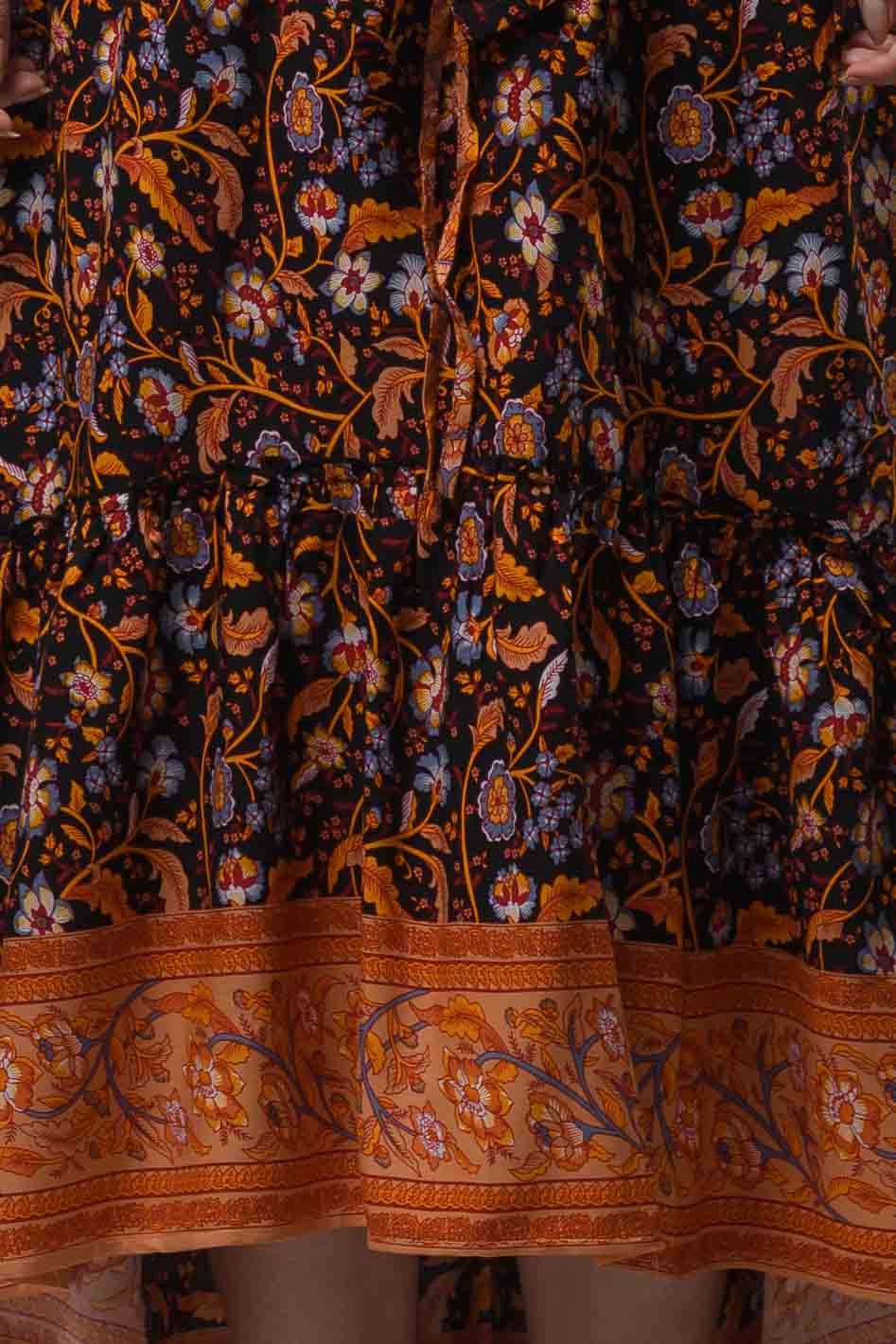 Bohemian orange flower border black print hi low hem elastic waist ruffled gypsy fashion long skirt