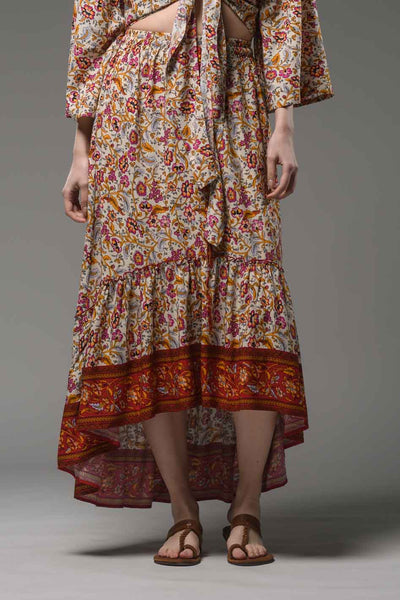 Bohemian beige border print hi low hem elastic waist ruffled gypsy fashion long skirt