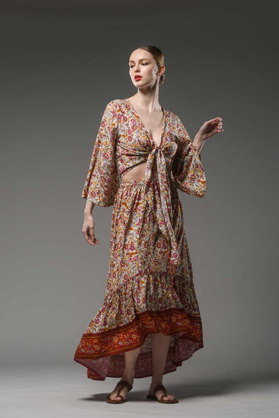 Bohemian beige border print hi low hem elastic waist ruffled gypsy fashion long skirt