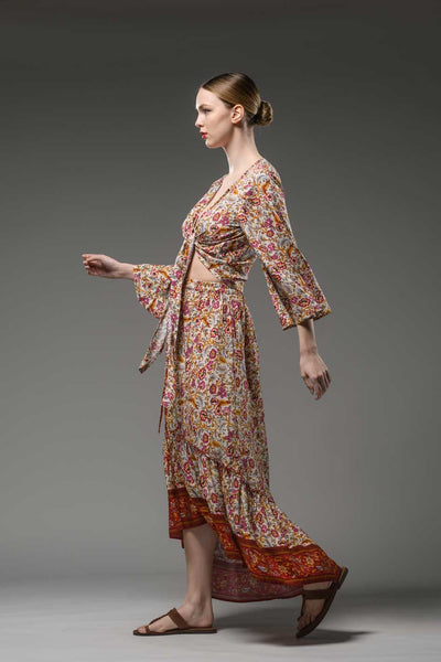 Bohemian beige border print hi low hem elastic waist ruffled gypsy fashion long skirt