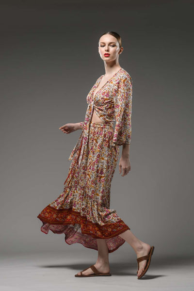Bohemian beige border print hi low hem elastic waist ruffled gypsy fashion long skirt