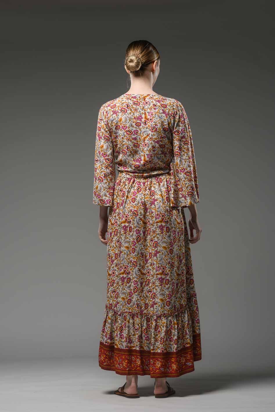 Bohemian beige border print hi low hem elastic waist ruffled gypsy fashion long skirt