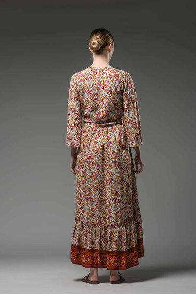Bohemian beige border print hi low hem elastic waist ruffled gypsy fashion long skirt