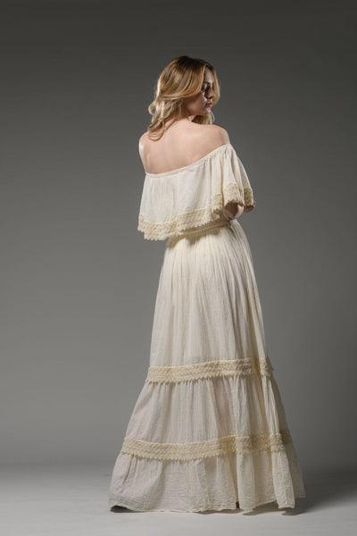 Bohemian beige cotton romantic double layered open elastic round neckline long dress