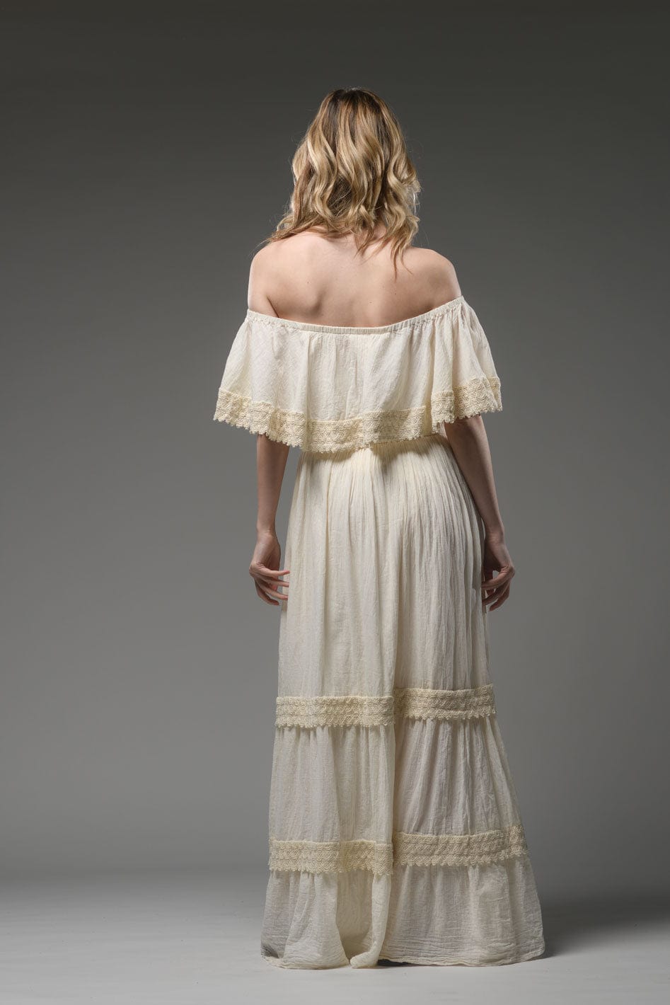 Bohemian beige cotton romantic double layered open elastic round neckline long dress