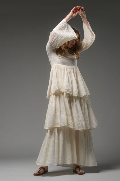 Bohemian beige smocked bodice cotton romantic long dress