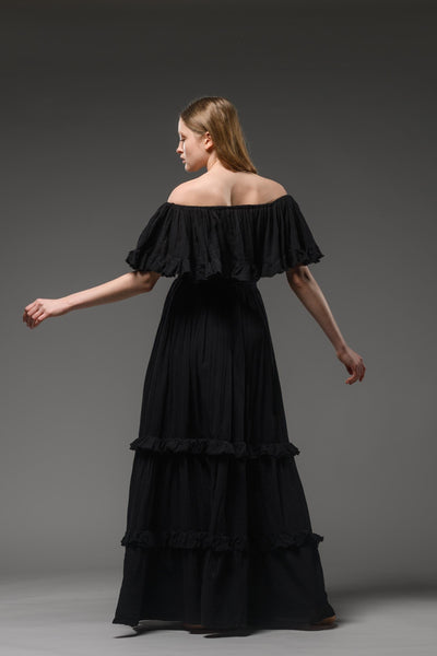 Hippie elegant double layer off the shoulder black maxi dress