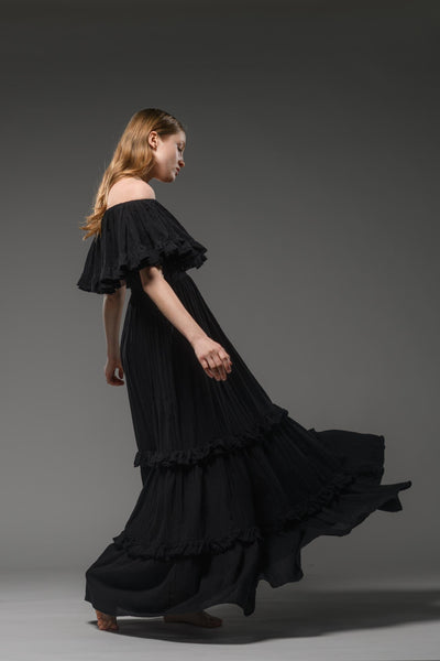 Hippie elegant double layer off the shoulder black maxi dress