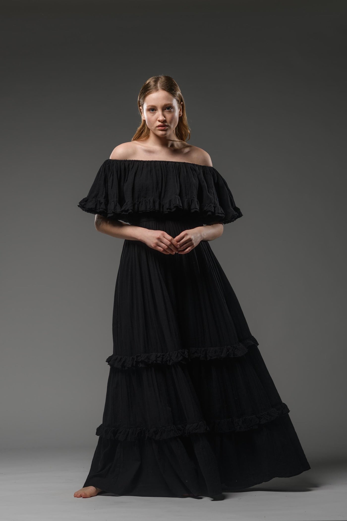 Hippie elegant double layer off the shoulder black maxi dress