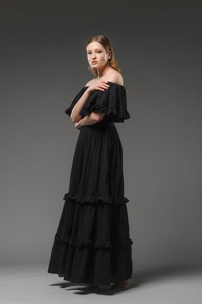 Hippie elegant double layer off the shoulder black maxi dress