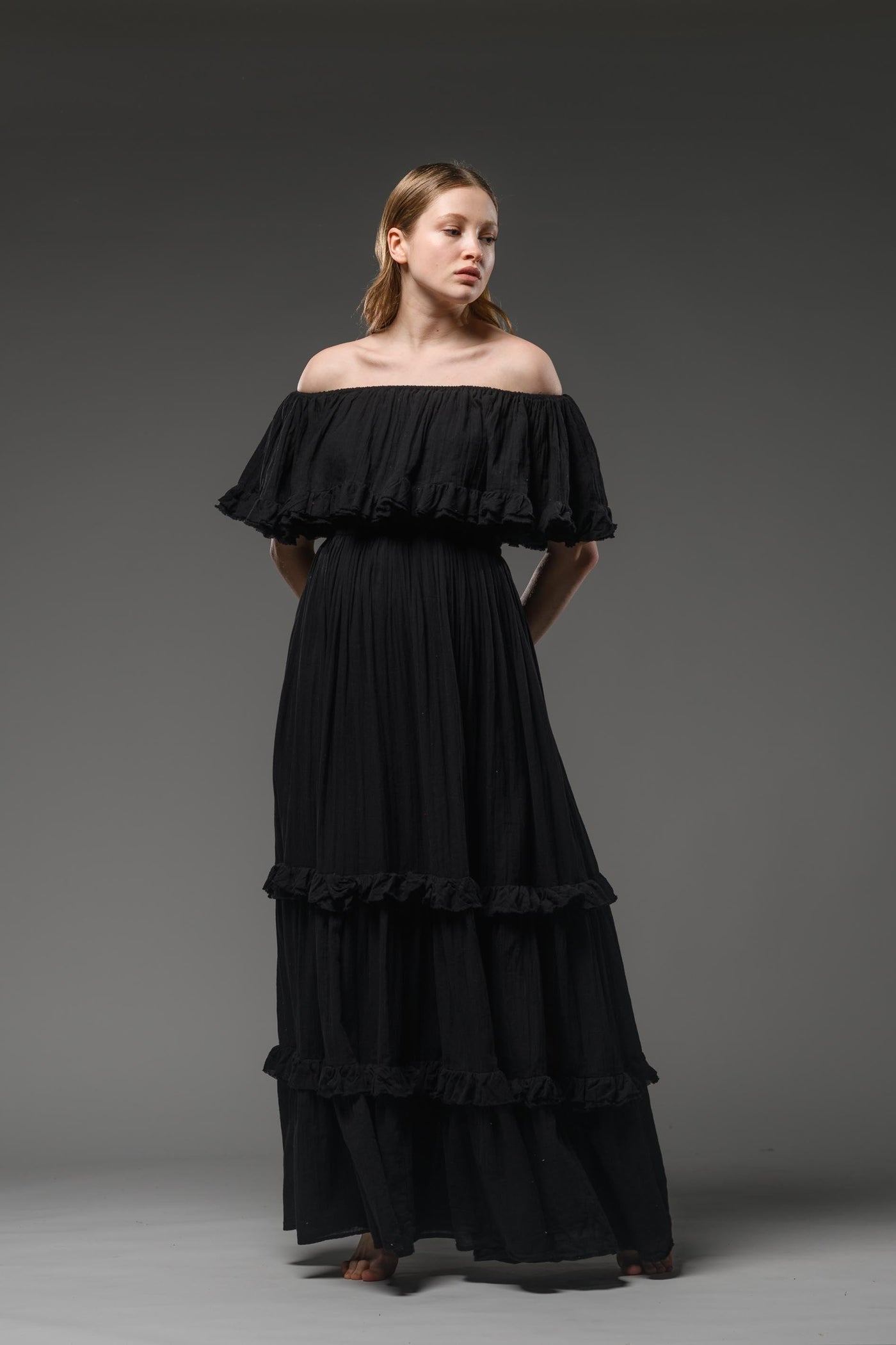 Hippie elegant double layer off the shoulder black maxi dress