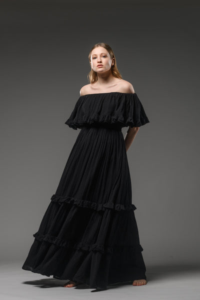 Hippie elegant double layer off the shoulder black maxi dress