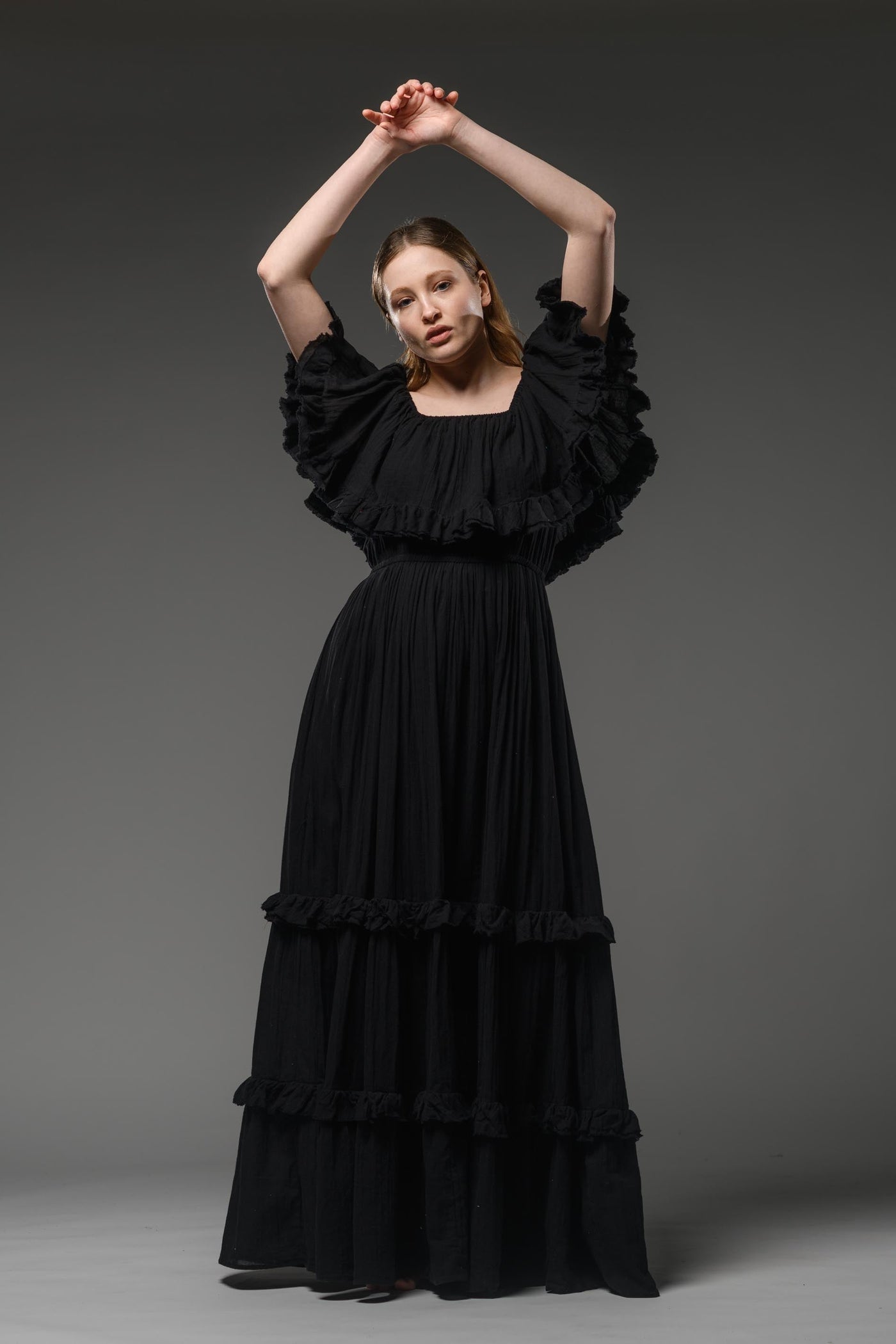 Hippie elegant double layer off the shoulder black maxi dress