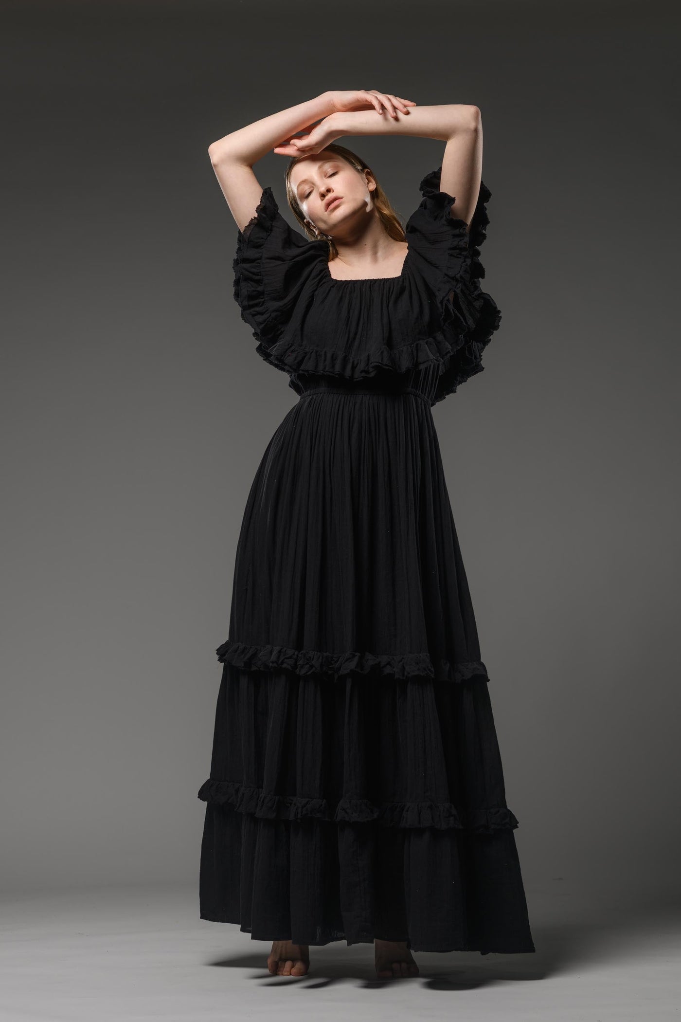 Hippie elegant double layer off the shoulder black maxi dress