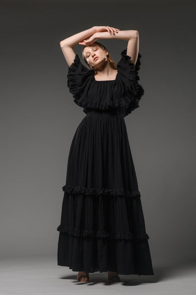 Hippie elegant double layer off the shoulder black maxi dress